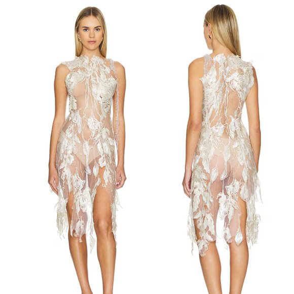NEW Kim Shui Halter Cutout Gown in White Sheer Shimmer Lace Midi Dress XS - Picture 1 of 3
